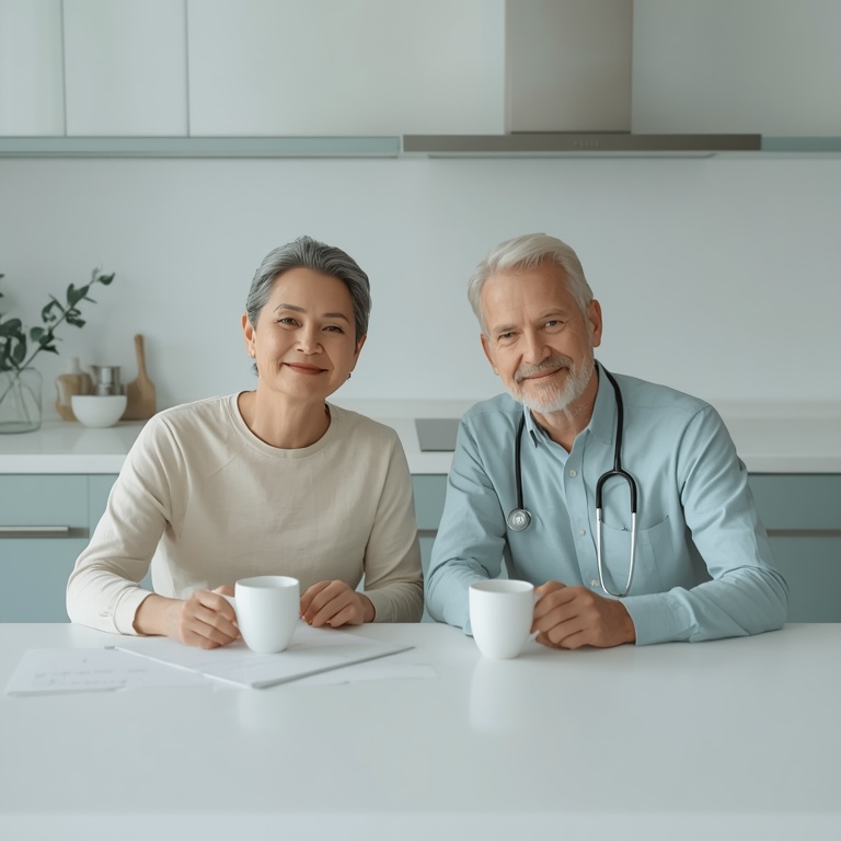 Pareja en casa revisando documentos con tranquilidad