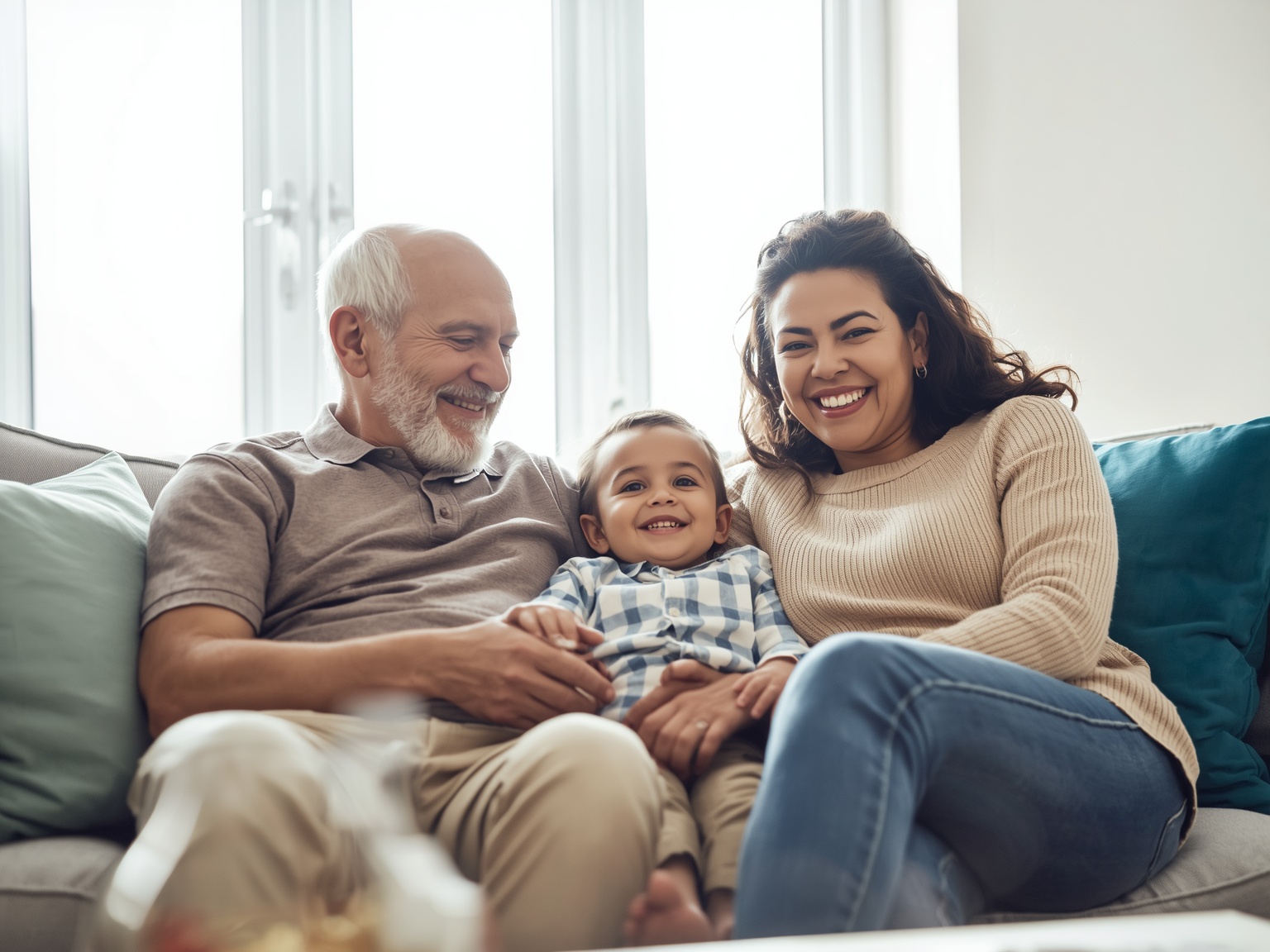 Familia multigeneracional sonriendo en una sala luminosa